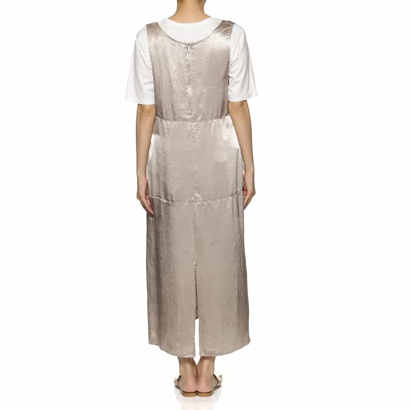 BARNEYS NEW YORK ウォッシャブル サテン ノースリーブロングドレス BEIGE