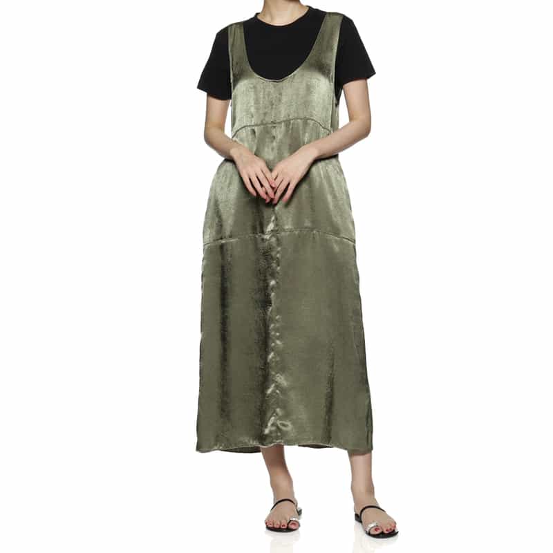 BARNEYS NEW YORK ウォッシャブル サテン ノースリーブロングドレス KHAKI