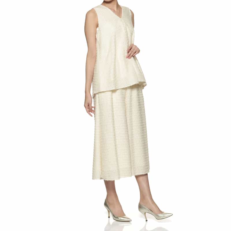 BARNEYS NEW YORK セットアップ ウォッシャブル シャギー素材ワイドクロップドパンツ WHITE