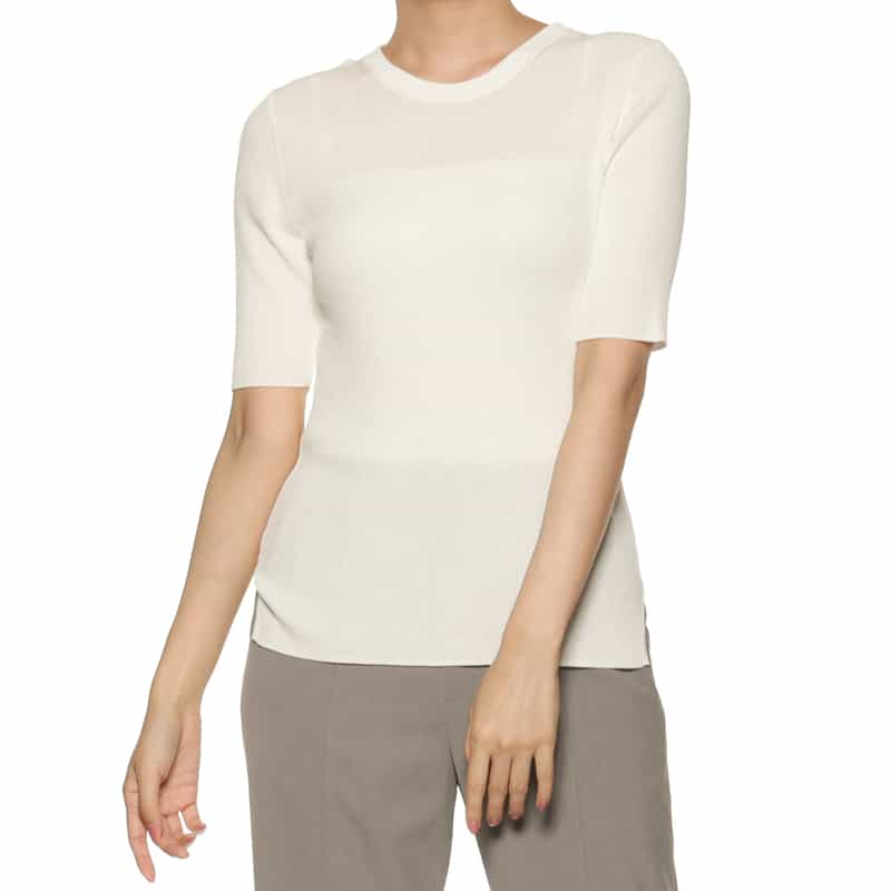 BARNEYS NEW YORK ウォッシャブル クルーネックリブニットプルオーバー WHITE