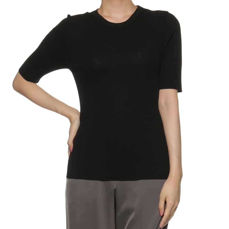 BARNEYS NEW YORK ウォッシャブル クルーネックリブニットプルオーバー BLACK