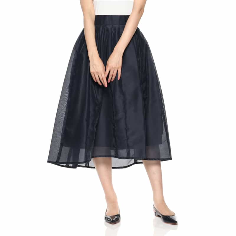BARNEYS NEW YORK ウォッシャブル タック入りフレアスカート NAVY