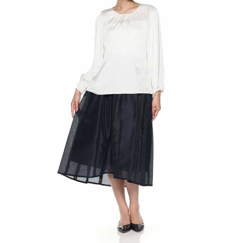 BARNEYS NEW YORK ウォッシャブル タック入りフレアスカート NAVY