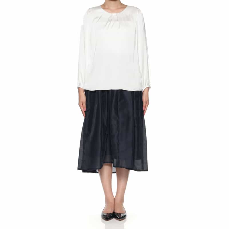 BARNEYS NEW YORK ウォッシャブル タック入りフレアスカート NAVY