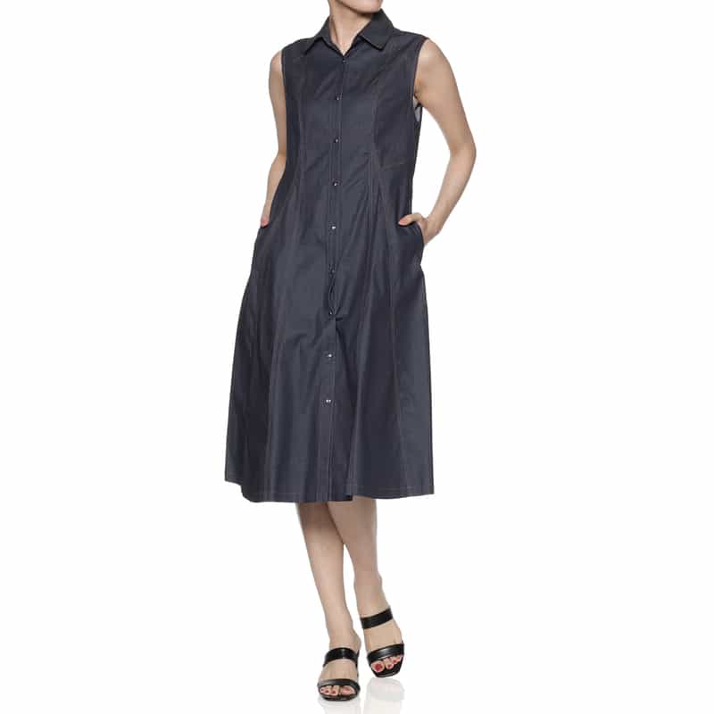 BARNEYS NEW YORK ウォッシャブル ノースリーブ デニムシャツドレス BLUE