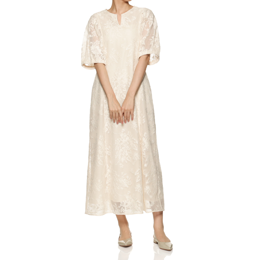 ウォッシャブル ボリュームスリーブ レースドレス