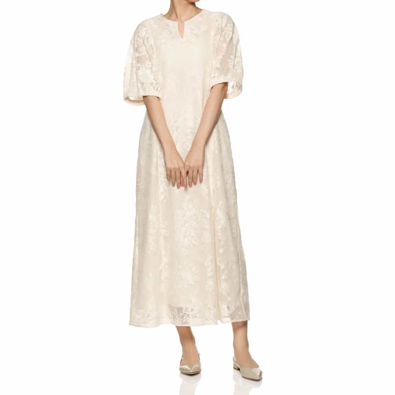 BARNEYS NEW YORK ウォッシャブル ボリュームスリーブ レースドレス IVORY