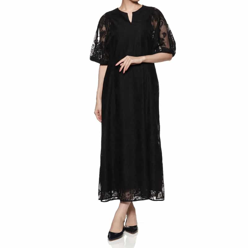 BARNEYS NEW YORK ウォッシャブル ボリュームスリーブ レースドレス BLACK
