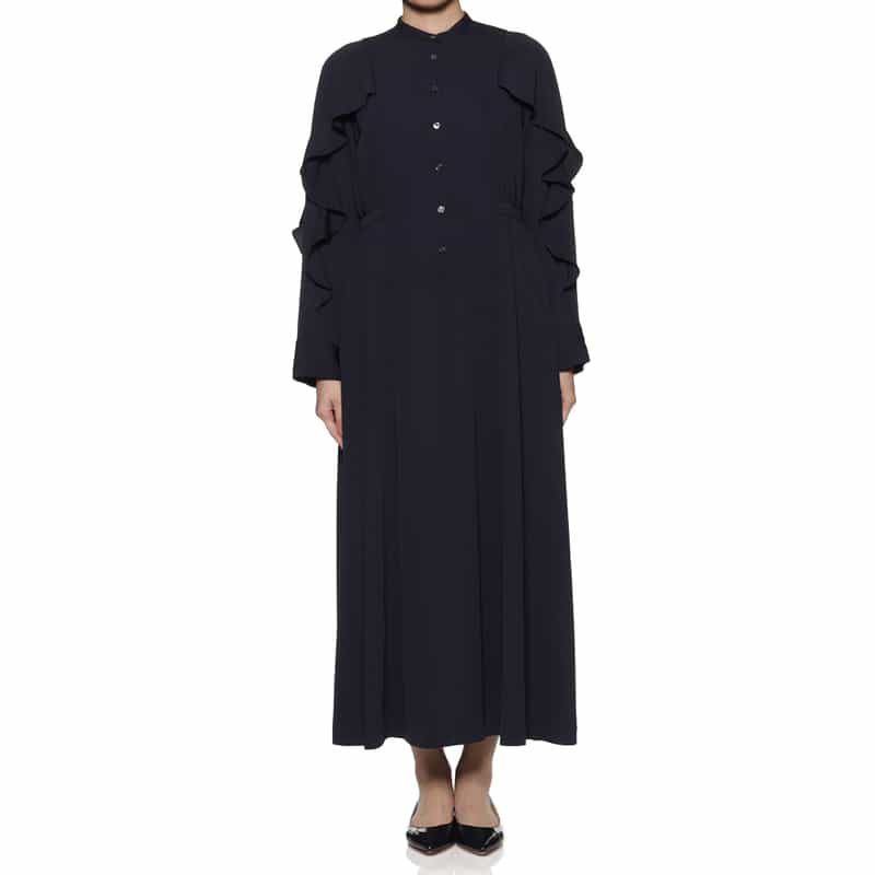 BARNEYS NEW YORK ウォッシャブル フリルスリーブ ロングドレス NAVY