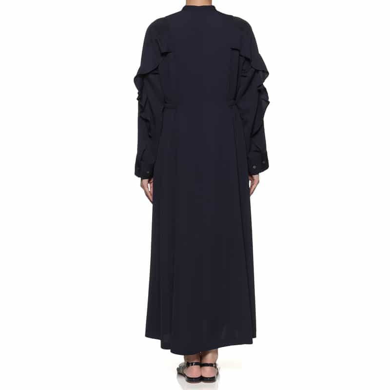 BARNEYS NEW YORK ウォッシャブル フリルスリーブ ロングドレス NAVY