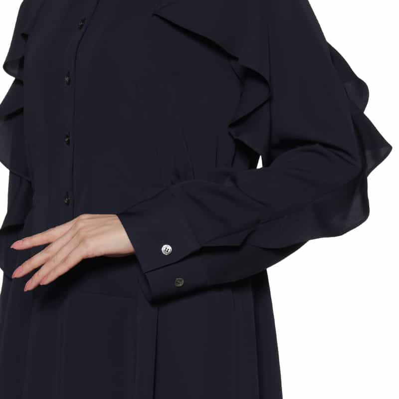 BARNEYS NEW YORK ウォッシャブル フリルスリーブ ロングドレス NAVY