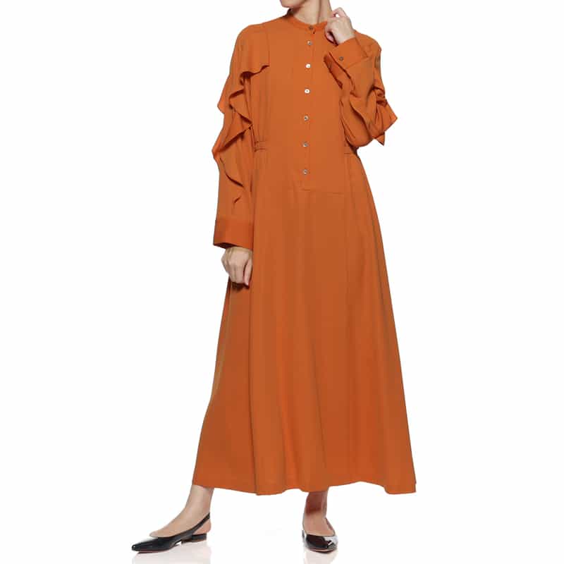 BARNEYS NEW YORK ウォッシャブル フリルスリーブ ロングドレス ORANGE