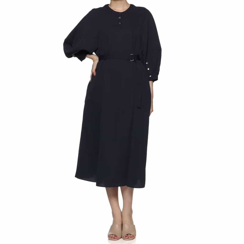 BARNEYS NEW YORK ウォッシャブル ラグランスリーブ ベルテッドドレス NAVY