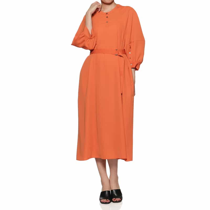 BARNEYS NEW YORK ウォッシャブル ラグランスリーブ ベルテッドドレス ORANGE