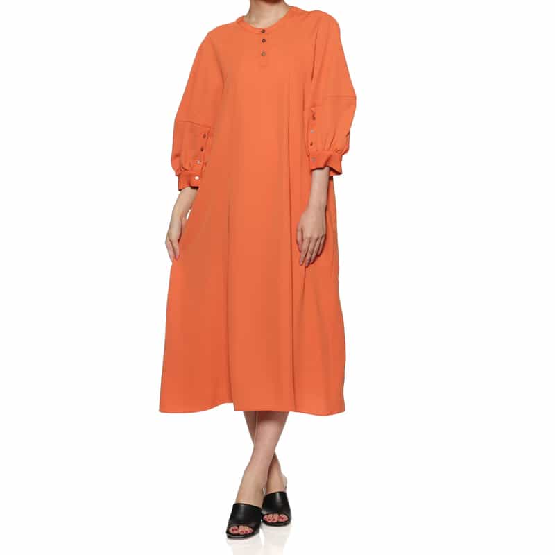 BARNEYS NEW YORK ウォッシャブル ラグランスリーブ ベルテッドドレス ORANGE
