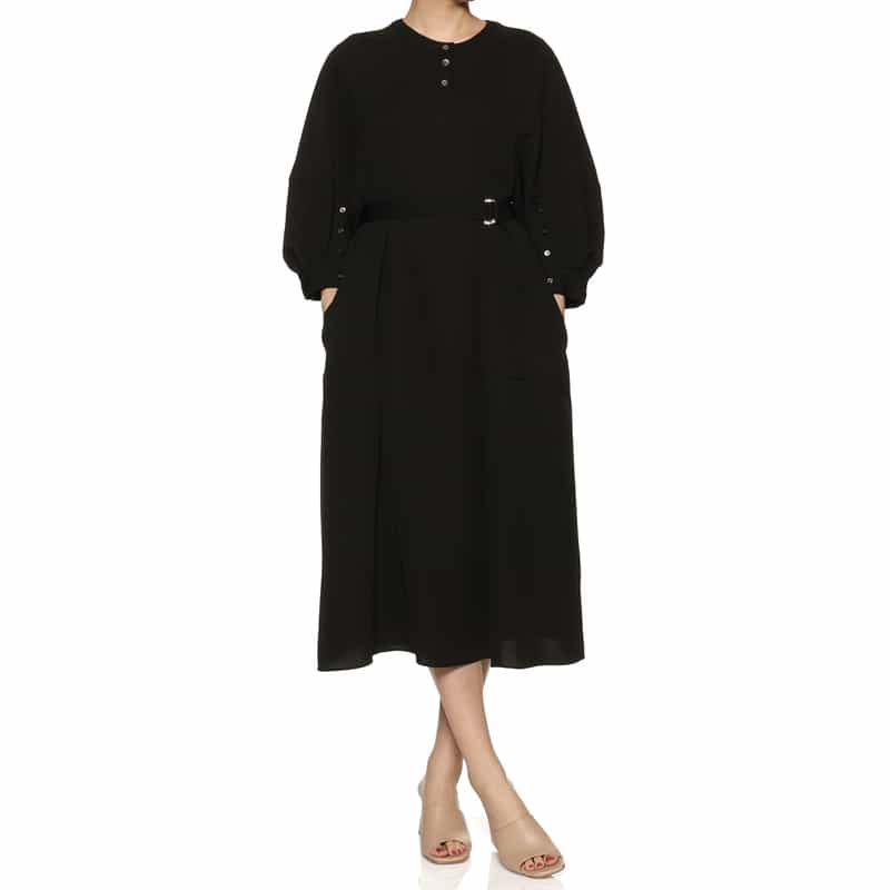 BARNEYS NEW YORK ウォッシャブル ラグランスリーブ ベルテッドドレス BLACK