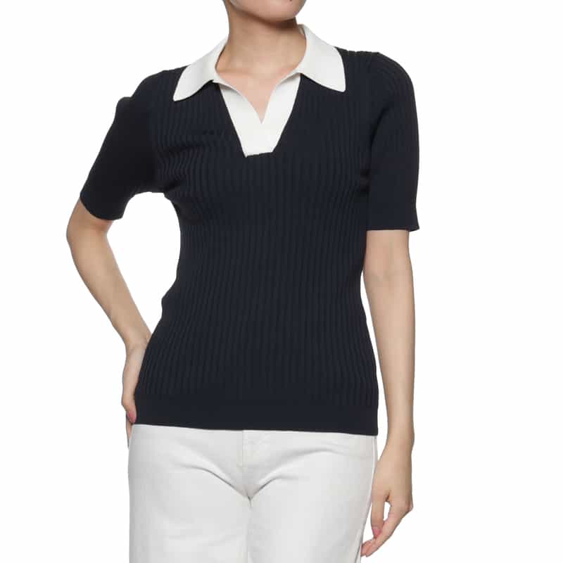 BARNEYS NEW YORK ウォッシャブル スキッパーリブニットポロシャツ NAVY