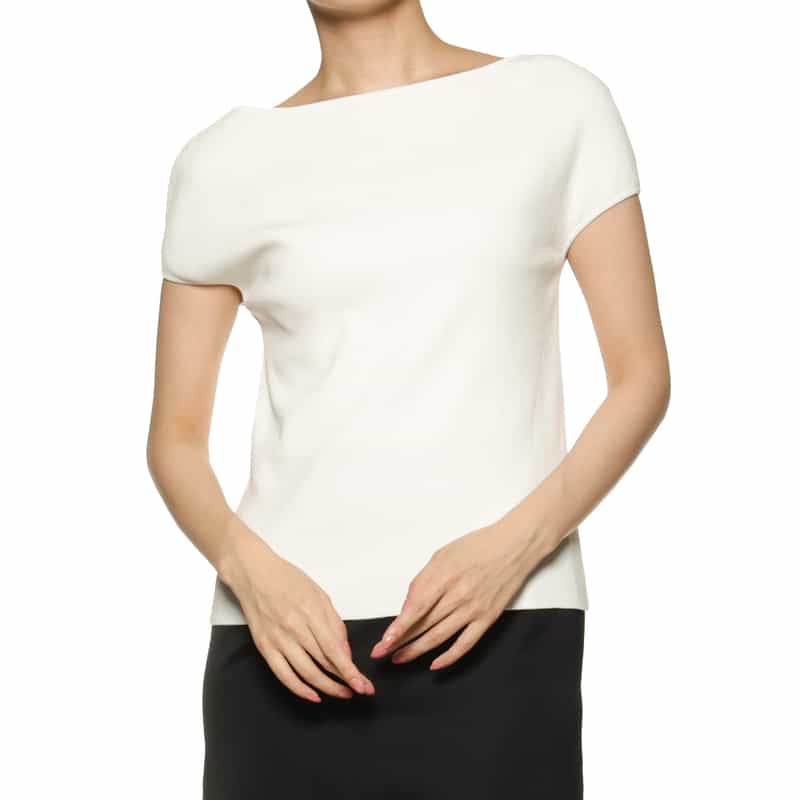 BARNEYS NEW YORK ウォッシャブル ボートネックニットプルオーバー WHITE