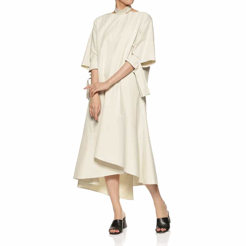 BARNEYS NEW YORK リボンスリーブ フレアヘムドレス BEIGE