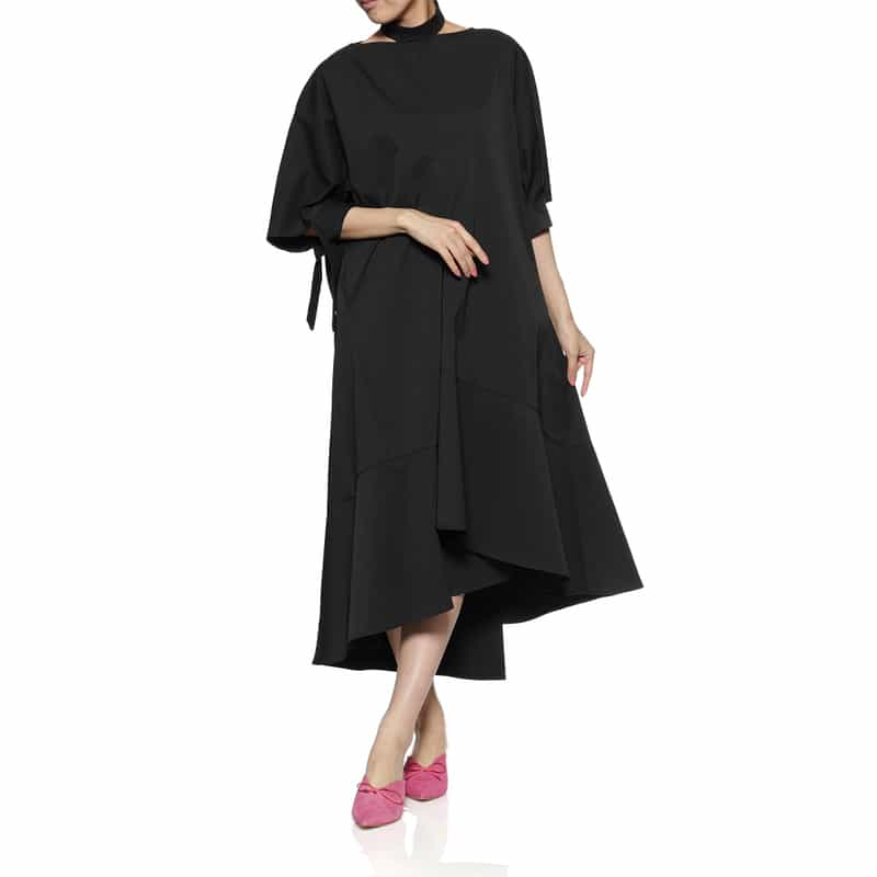 BARNEYS NEW YORK リボンスリーブ フレアヘムドレス BLACK