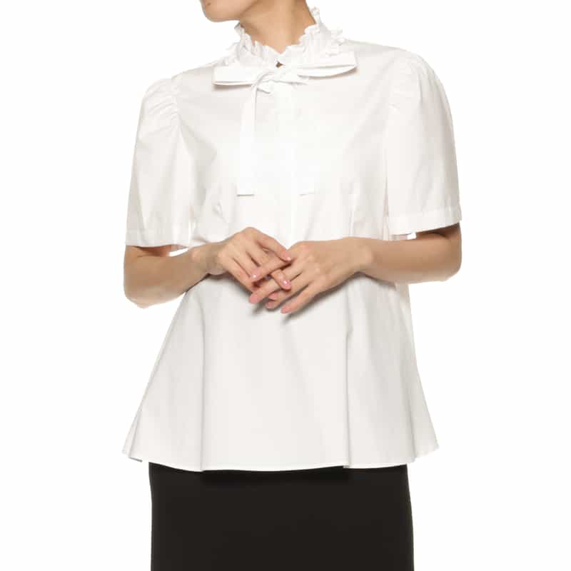 BARNEYS NEW YORK ウォッシャブル リボンタイ付きペプラムブラウス WHITE