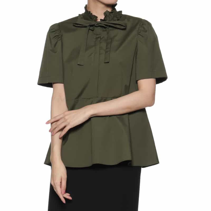 BARNEYS NEW YORK ウォッシャブル リボンタイ付きペプラムブラウス KHAKI