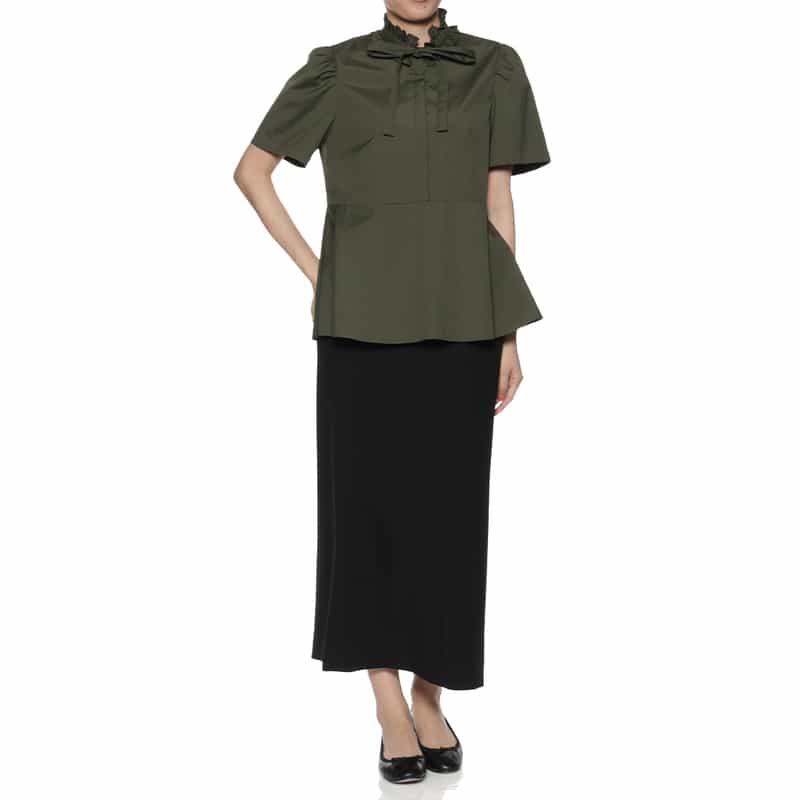 BARNEYS NEW YORK ウォッシャブル リボンタイ付きペプラムブラウス KHAKI