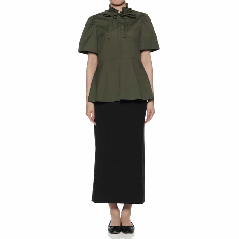 BARNEYS NEW YORK ウォッシャブル リボンタイ付きペプラムブラウス KHAKI