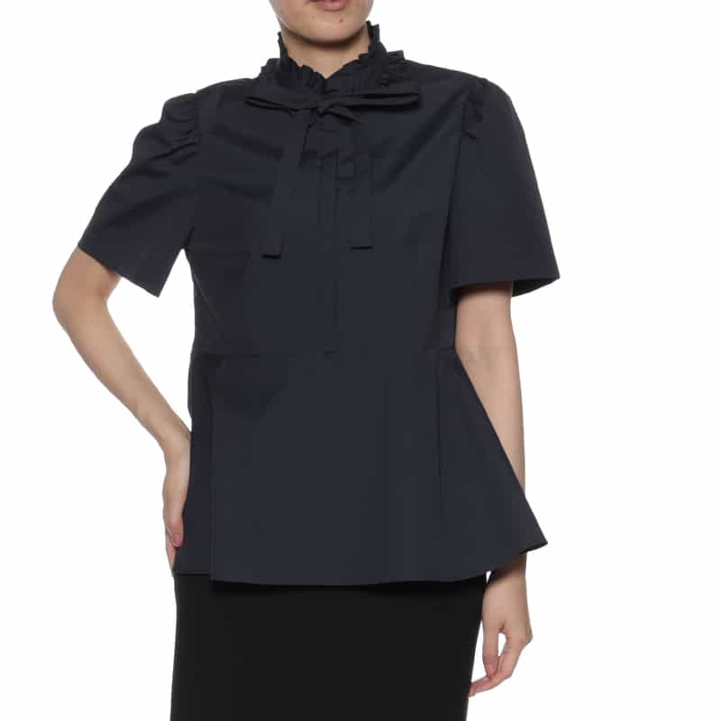 BARNEYS NEW YORK ウォッシャブル リボンタイ付きペプラムブラウス NAVY