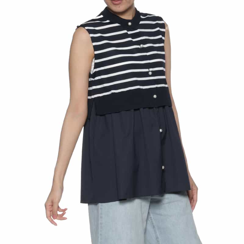 BARNEYS NEW YORK ウォッシャブル ノースリーブ異素材コンビネーションカーディガン NAVY