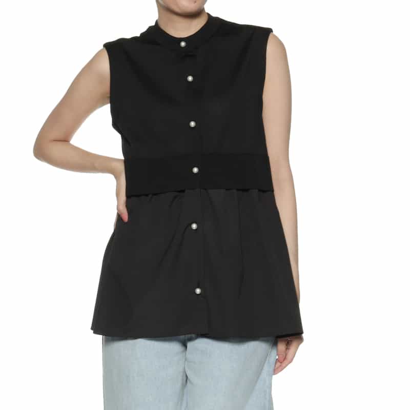 BARNEYS NEW YORK ウォッシャブル ノースリーブ異素材コンビネーションカーディガン BLACK