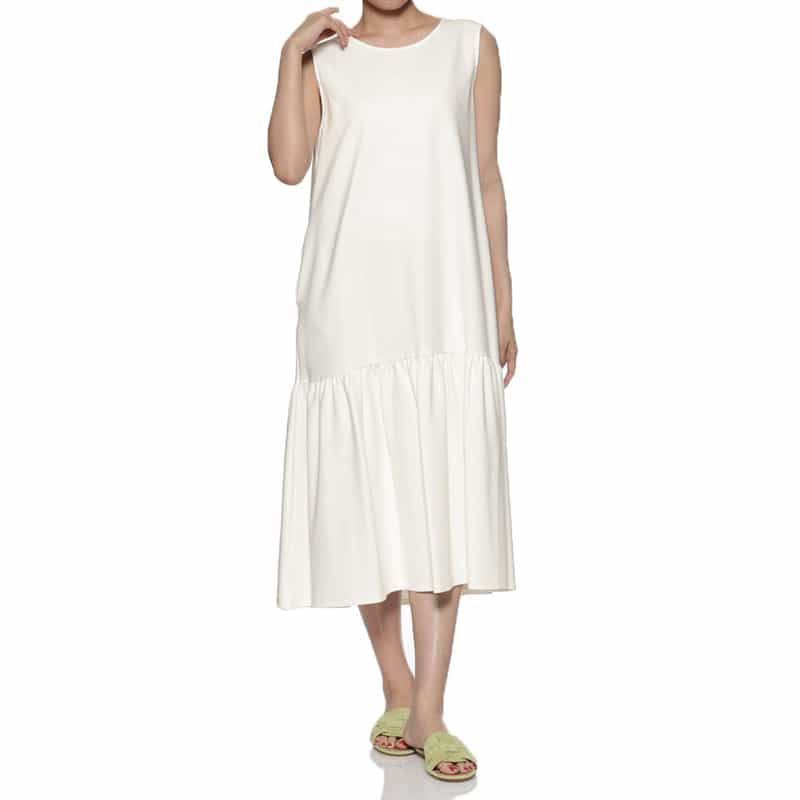 BARNEYS NEW YORK ウォッシャブル ポンチ素材切替ギャザードレス WHITE