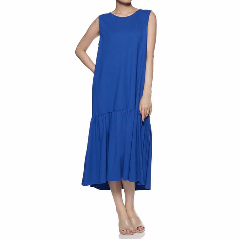 BARNEYS NEW YORK ウォッシャブル ポンチ素材切替ギャザードレス BLUE