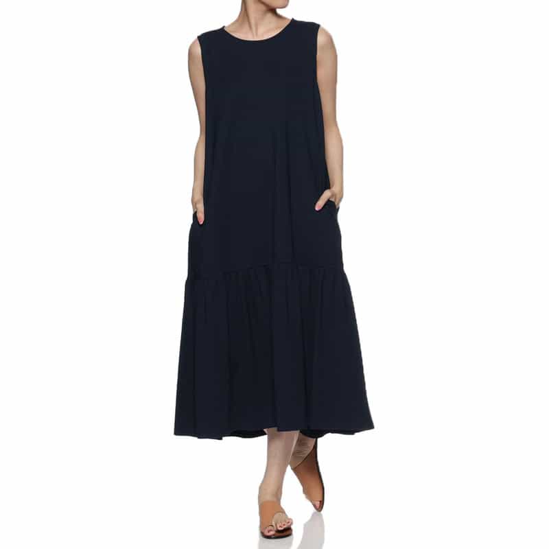 BARNEYS NEW YORK ウォッシャブル ポンチ素材切替ギャザードレス NAVY