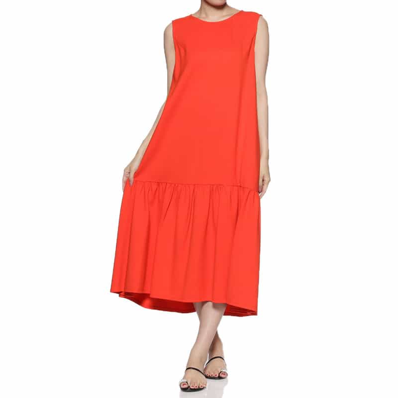BARNEYS NEW YORK ウォッシャブル ポンチ素材切替ギャザードレス ORANGE