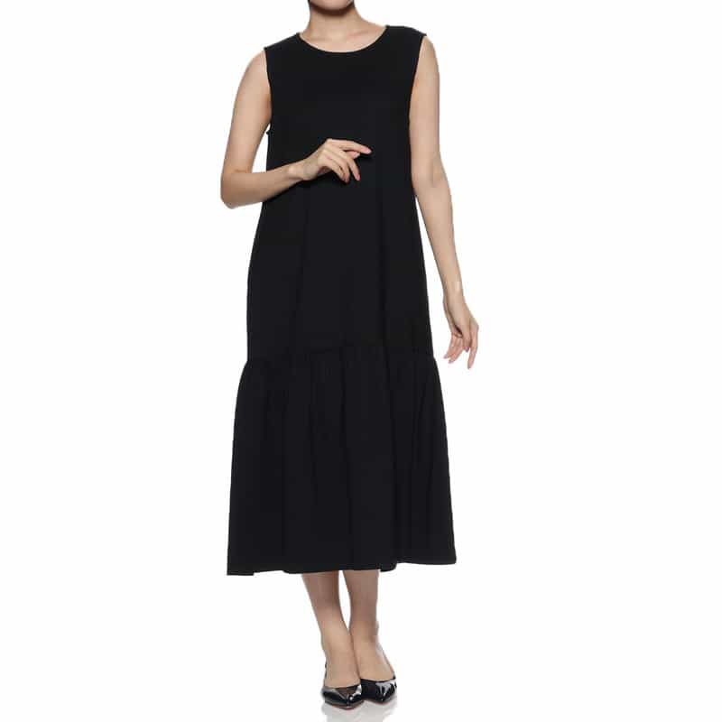 BARNEYS NEW YORK ウォッシャブル ポンチ素材切替ギャザードレス BLACK