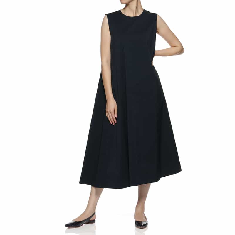 BARNEYS NEW YORK ウォッシャブル クールマックスサッカー素材Aラインドレス DARK NAVY