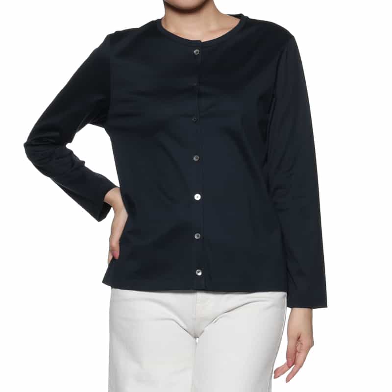 BARNEYS NEW YORK ジャージー素材 クルーネックカーディガン NAVY