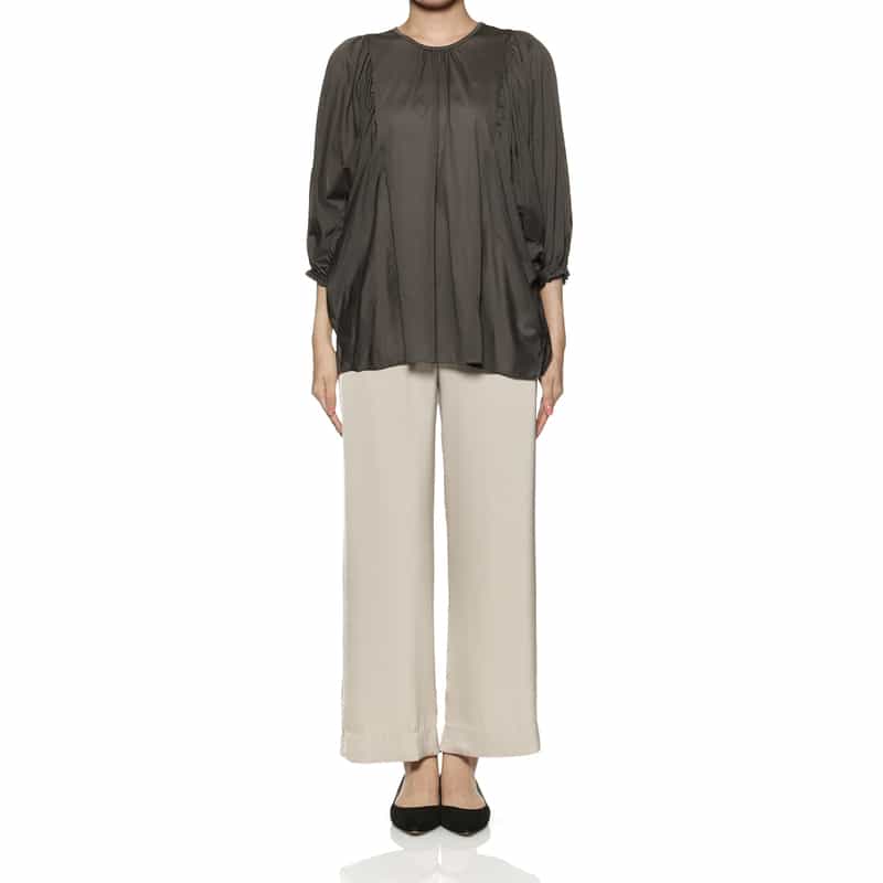 BARNEYS NEW YORK ウォッシャブル ドローリングサテンワイドパンツ BEIGE