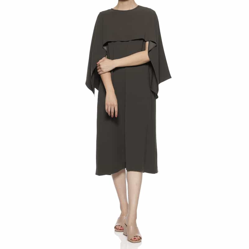 BARNEYS NEW YORK ウォッシャブル ドロップショルダー ドレープドレス BROWN