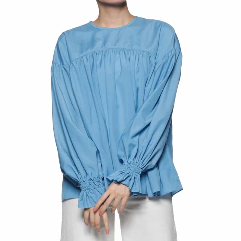 BARNEYS NEW YORK ウォッシャブル ギャザー切替ブラウス BLUE