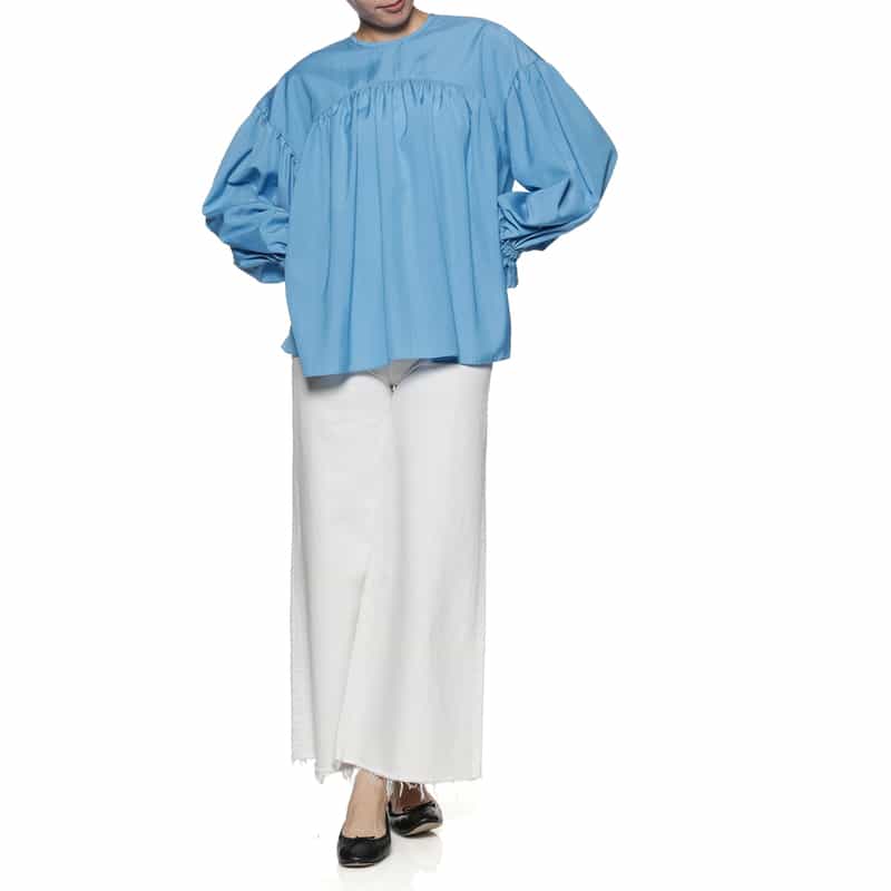 BARNEYS NEW YORK ウォッシャブル ギャザー切替ブラウス BLUE