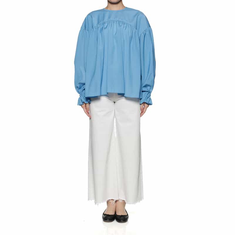 BARNEYS NEW YORK ウォッシャブル ギャザー切替ブラウス BLUE