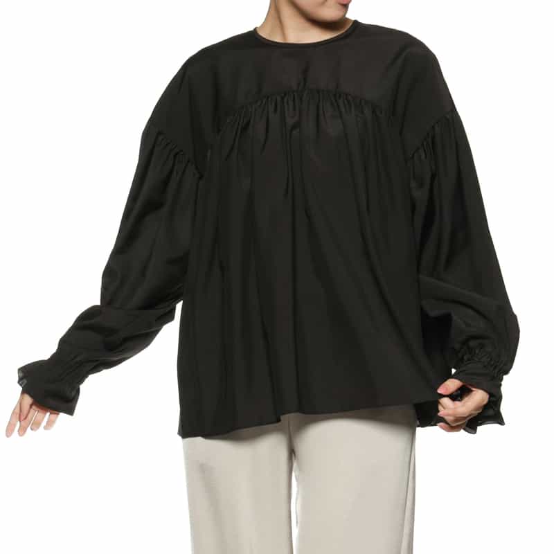 BARNEYS NEW YORK ウォッシャブル ギャザー切替ブラウス BLACK