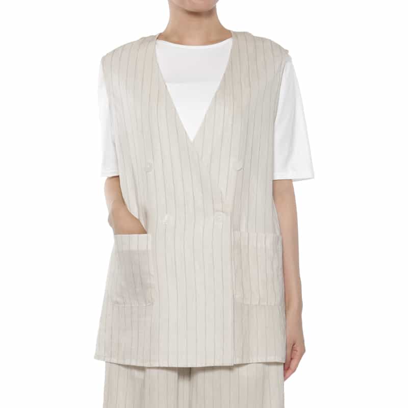 BARNEYS NEW YORK セットアップ ウォッシャブル ストライプ柄ノースリーブ ダブルジャケット OFF WHITE