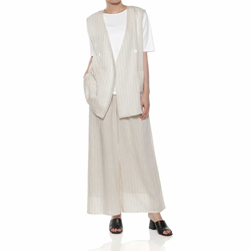 BARNEYS NEW YORK セットアップ ウォッシャブル ストライプ柄ノースリーブ ダブルジャケット OFF WHITE