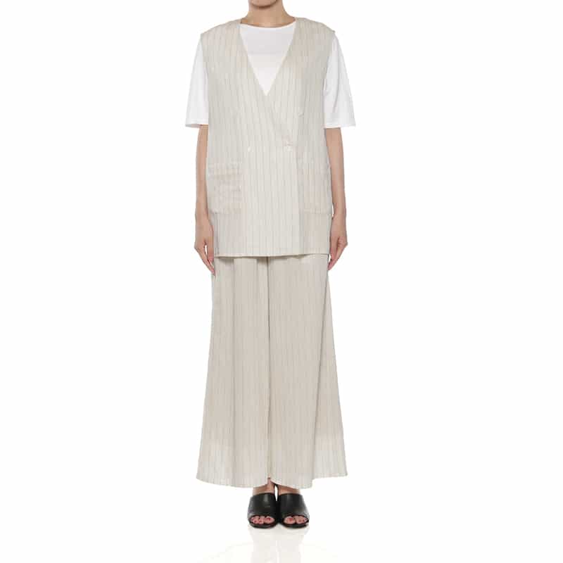 BARNEYS NEW YORK セットアップ ウォッシャブル ストライプ柄ノースリーブ ダブルジャケット OFF WHITE