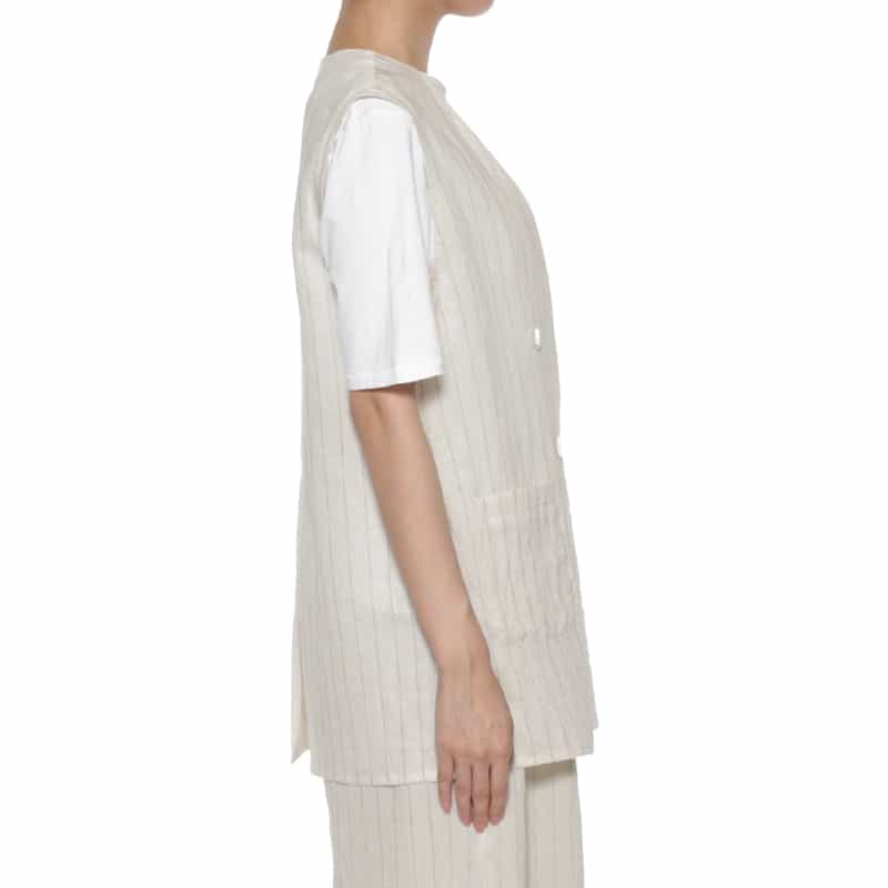 BARNEYS NEW YORK セットアップ ウォッシャブル ストライプ柄ノースリーブ ダブルジャケット OFF WHITE