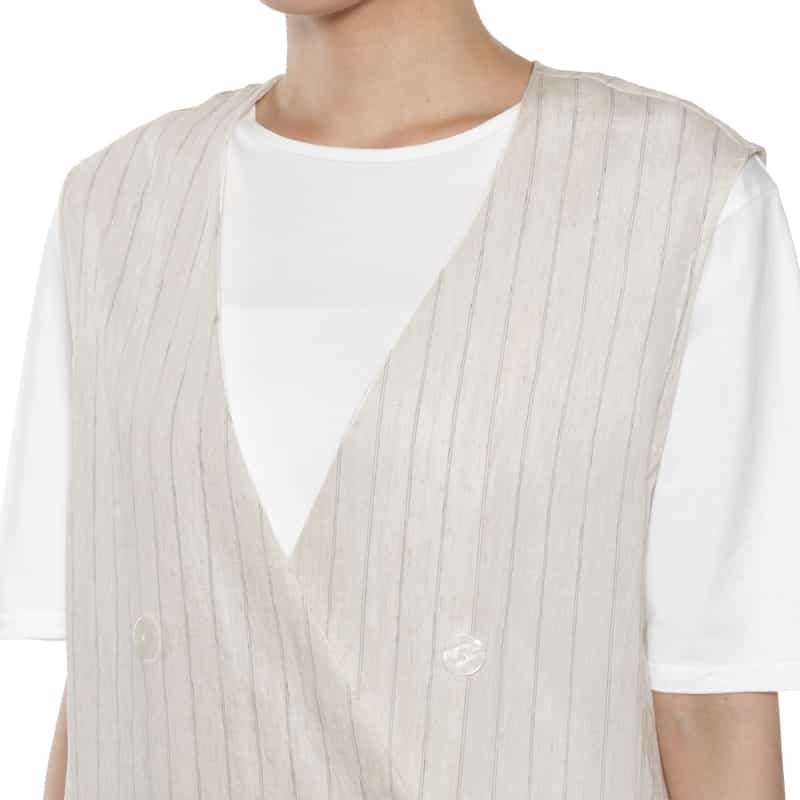 BARNEYS NEW YORK セットアップ ウォッシャブル ストライプ柄ノースリーブ ダブルジャケット OFF WHITE