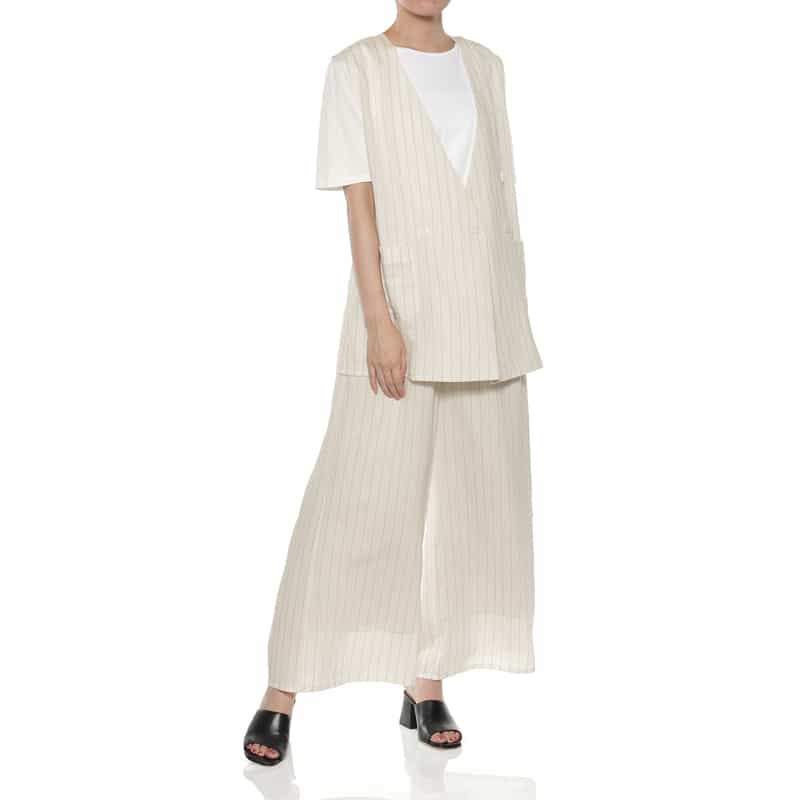 BARNEYS NEW YORK セットアップ ウォッシャブル ストライプ柄ドローストリング ワイドパンツ OFF WHITE